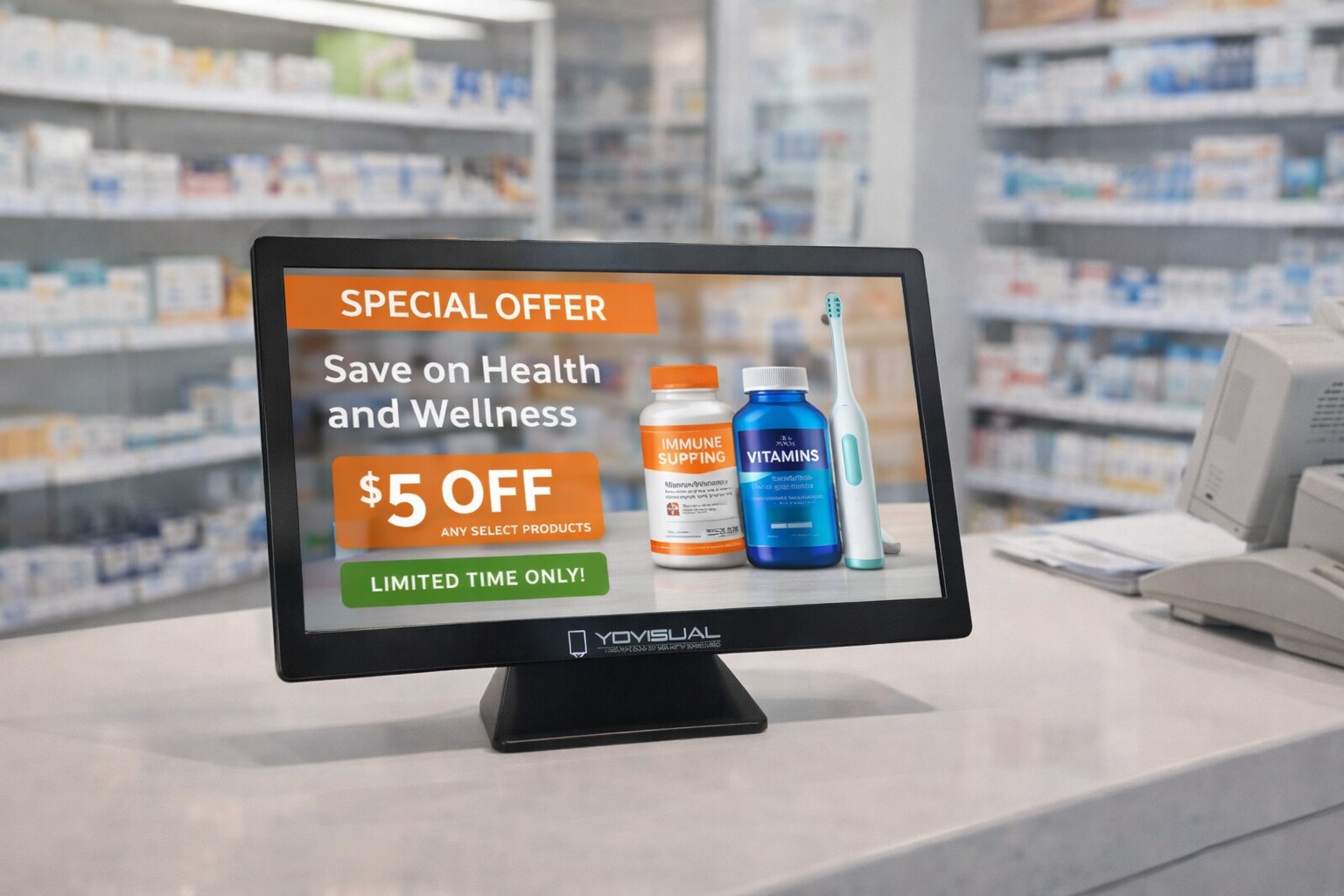 pantalla publicitaria de sobremesa farmacia